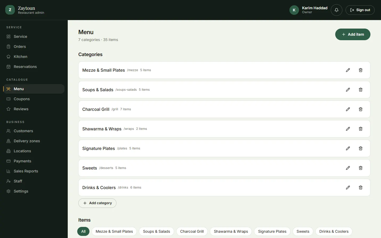 Admin menu management listing categories with edit and delete actions