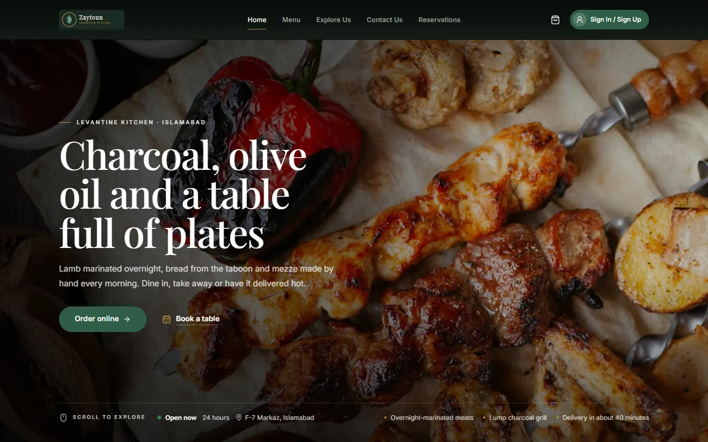Restaurant website home page built on the TechOdos Restaurant Platform, with Order online and Book a table actions