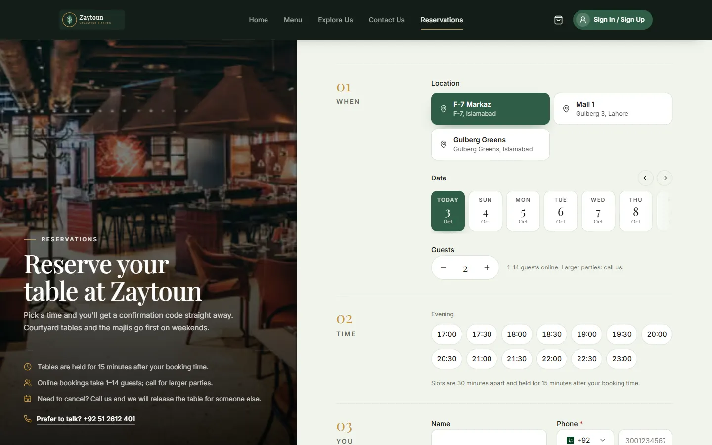 Table reservation page with branch, date, party size and available time slots